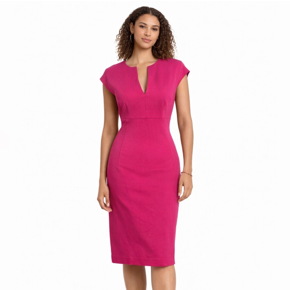 Trina Turkk Pink Cap Sleeve Split Notch Neckline Knee Length Sheath Dress